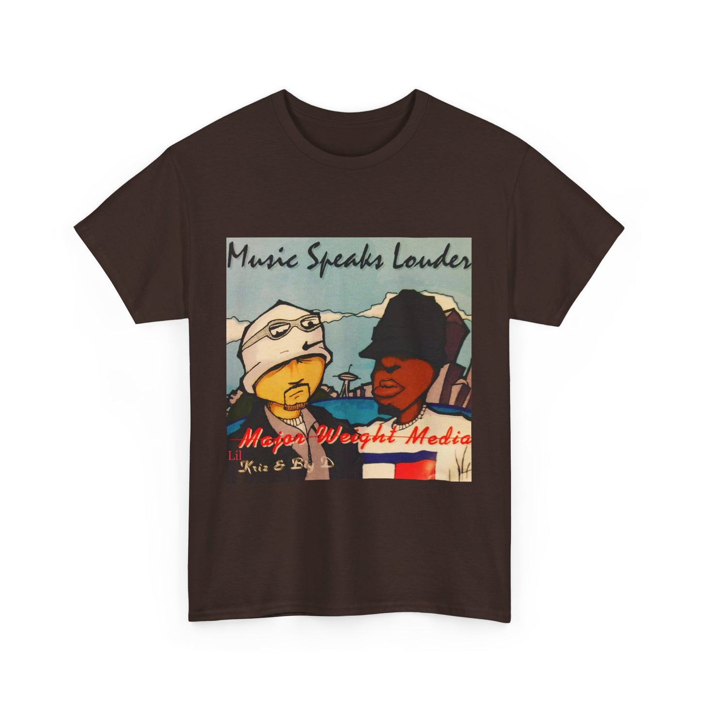 Major weight media Music Speaks Louder 1996 CD cover. Unisex Heavy Cotton Tee