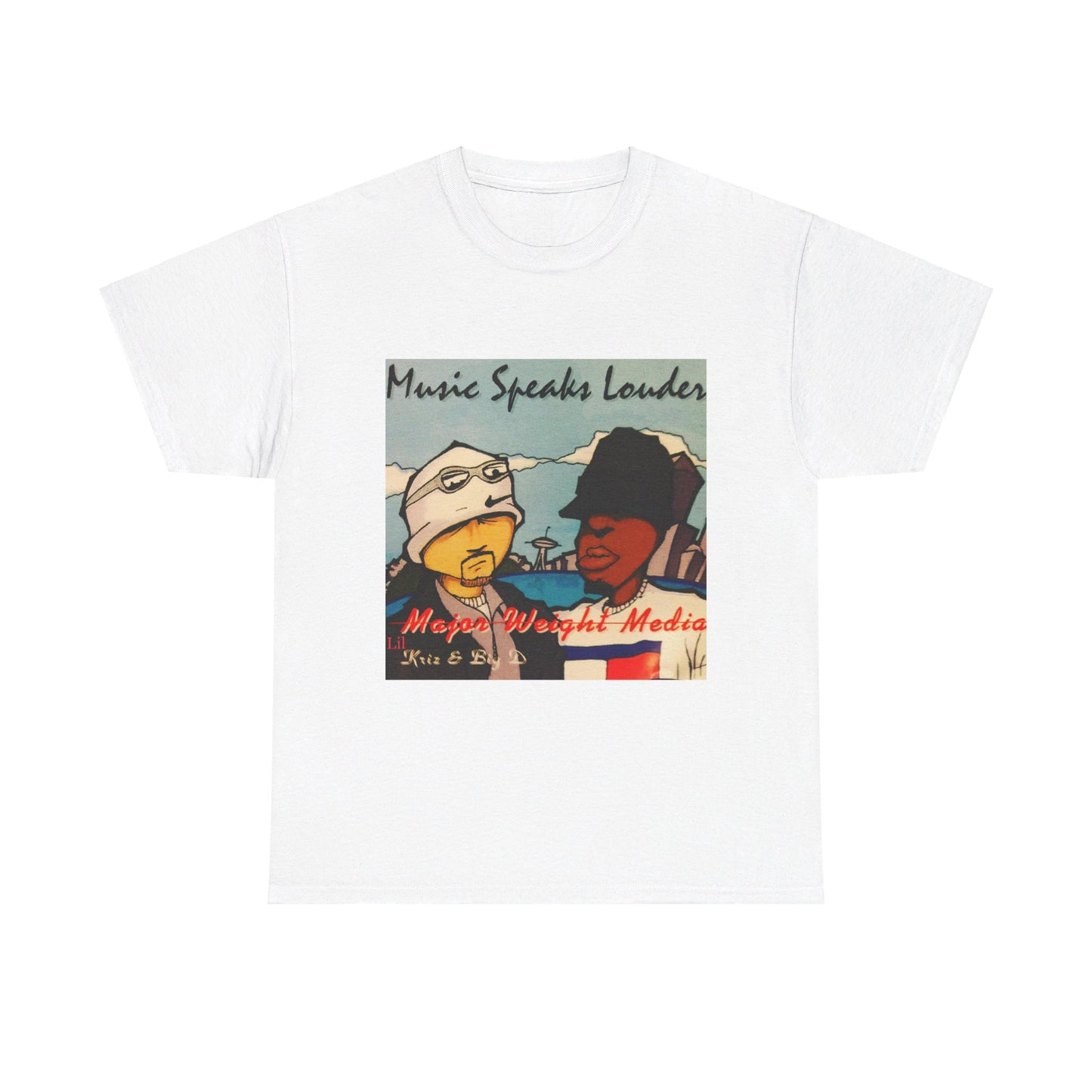 Major weight media Music Speaks Louder 1996 CD cover. Unisex Heavy Cotton Tee