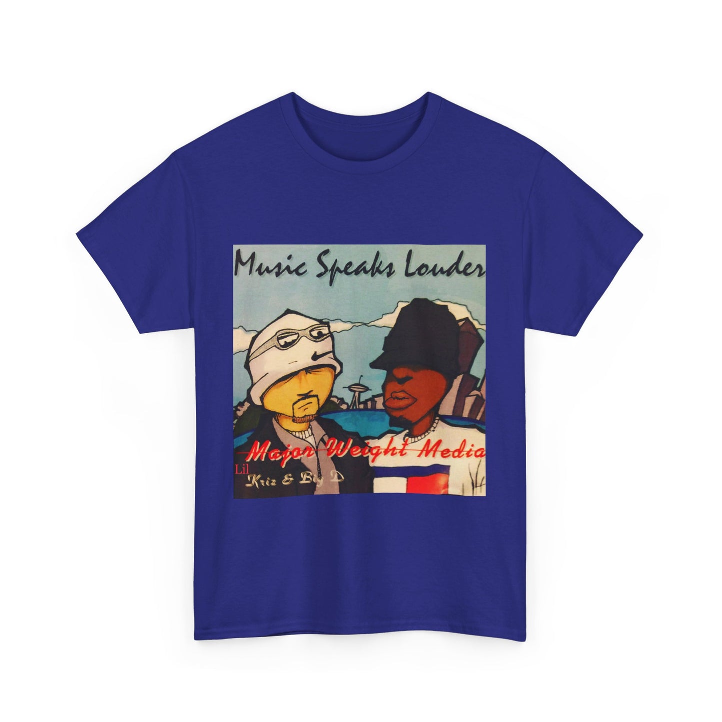 Major weight media Music Speaks Louder 1996 CD cover. Unisex Heavy Cotton Tee