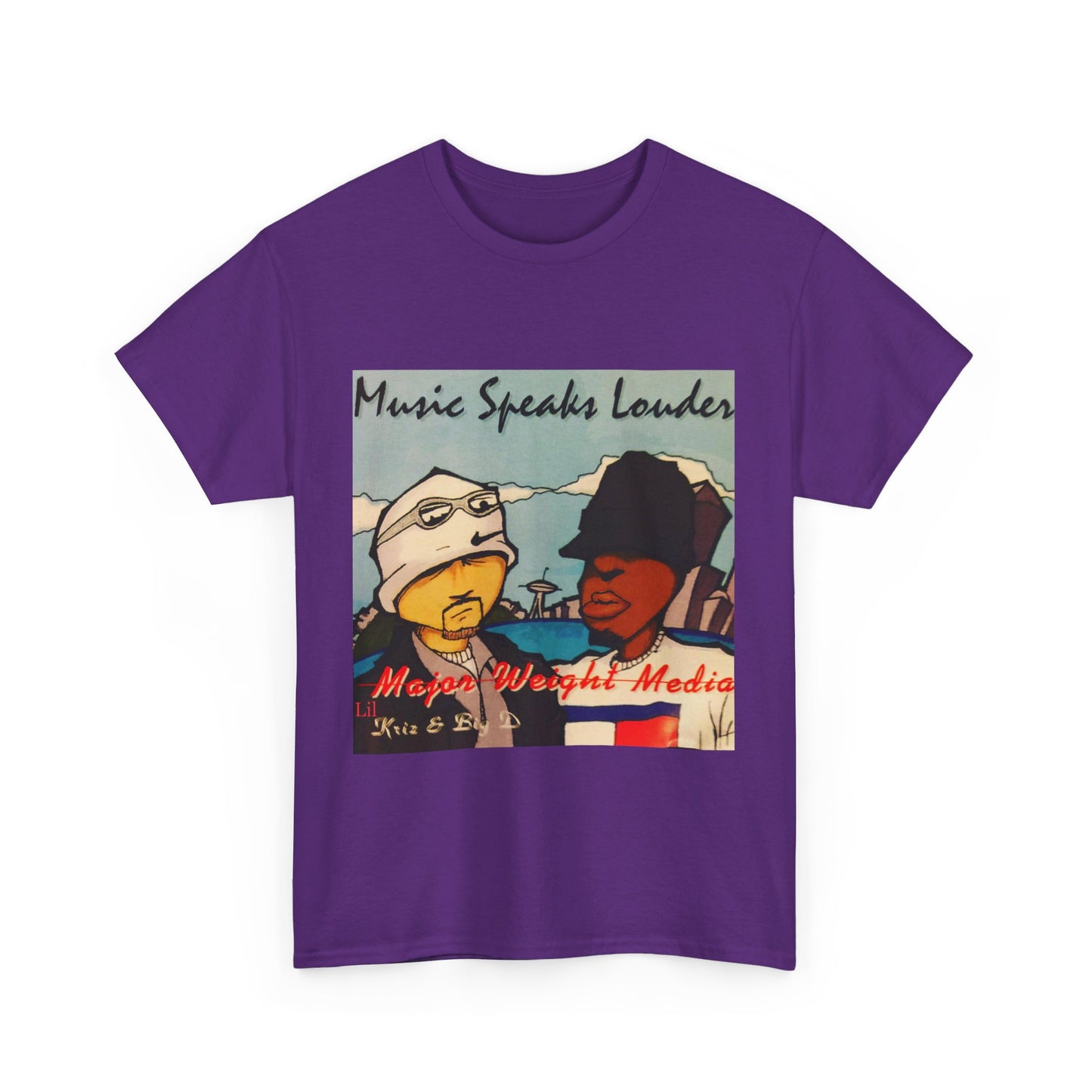 Major weight media Music Speaks Louder 1996 CD cover. Unisex Heavy Cotton Tee