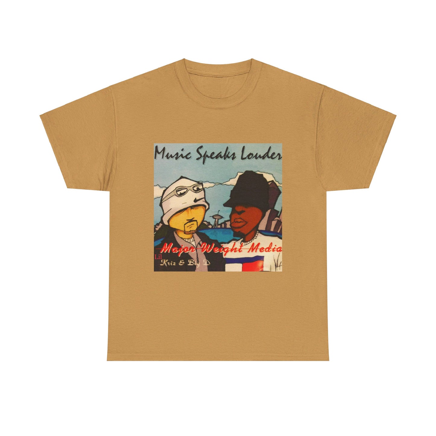 Major weight media Music Speaks Louder 1996 CD cover. Unisex Heavy Cotton Tee
