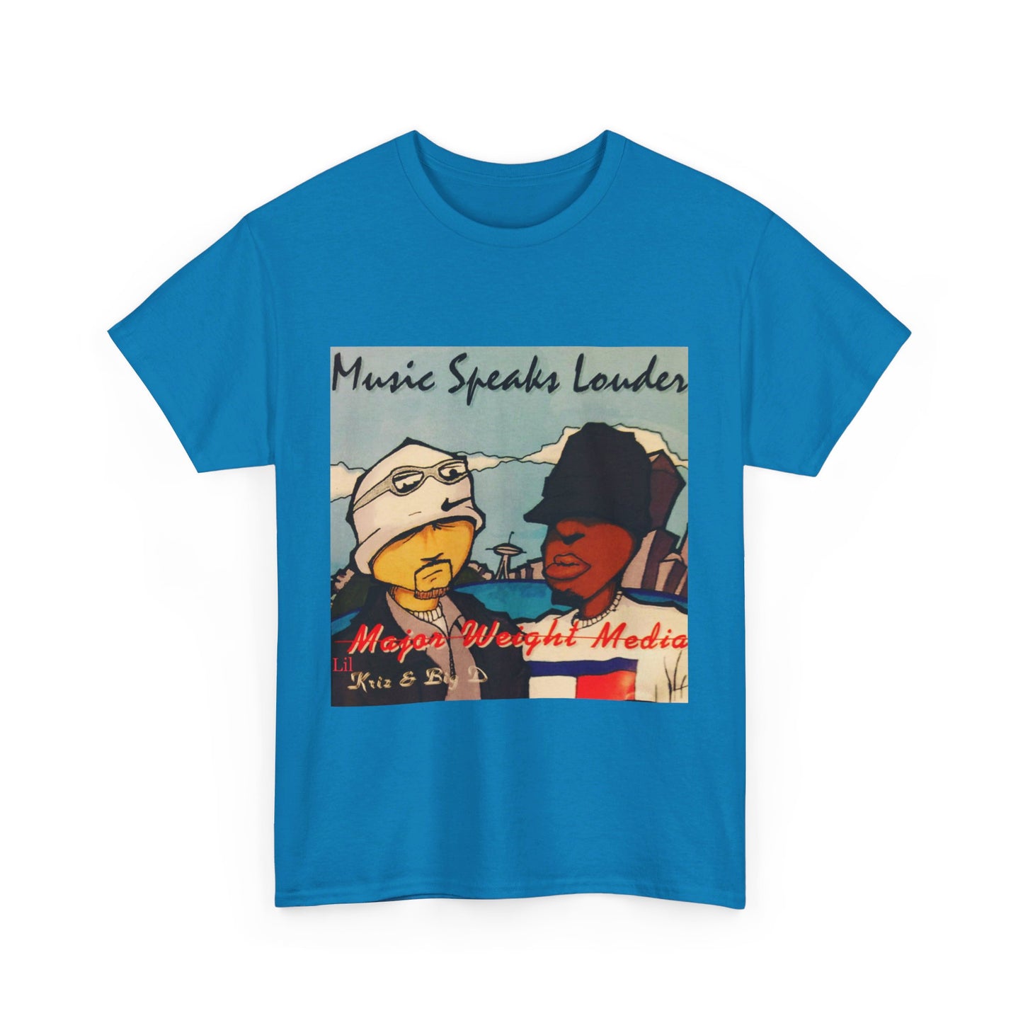 Major weight media Music Speaks Louder 1996 CD cover. Unisex Heavy Cotton Tee