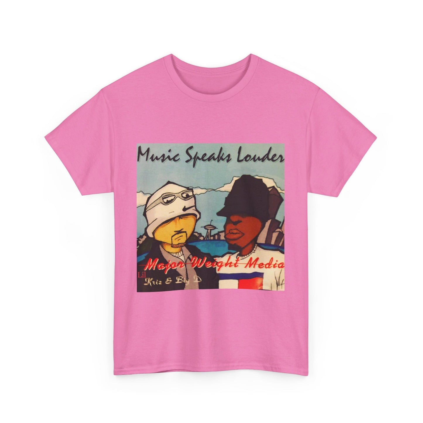 Major weight media Music Speaks Louder 1996 CD cover. Unisex Heavy Cotton Tee