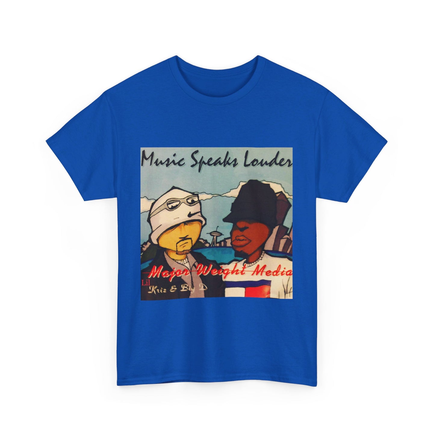 Major weight media Music Speaks Louder 1996 CD cover. Unisex Heavy Cotton Tee