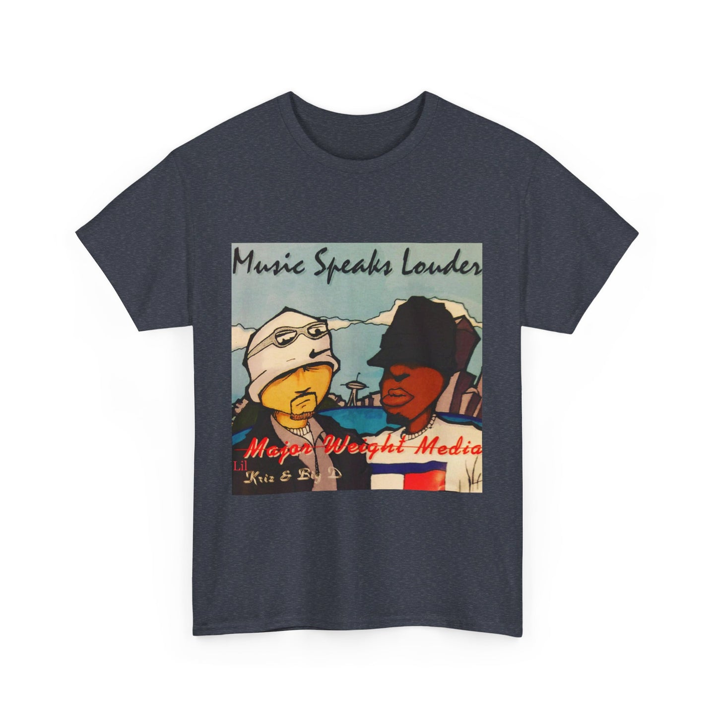 Major weight media Music Speaks Louder 1996 CD cover. Unisex Heavy Cotton Tee