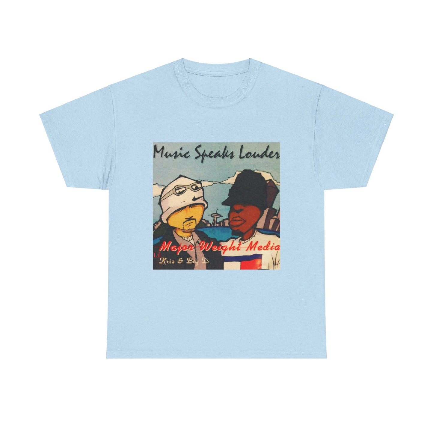 Major weight media Music Speaks Louder 1996 CD cover. Unisex Heavy Cotton Tee
