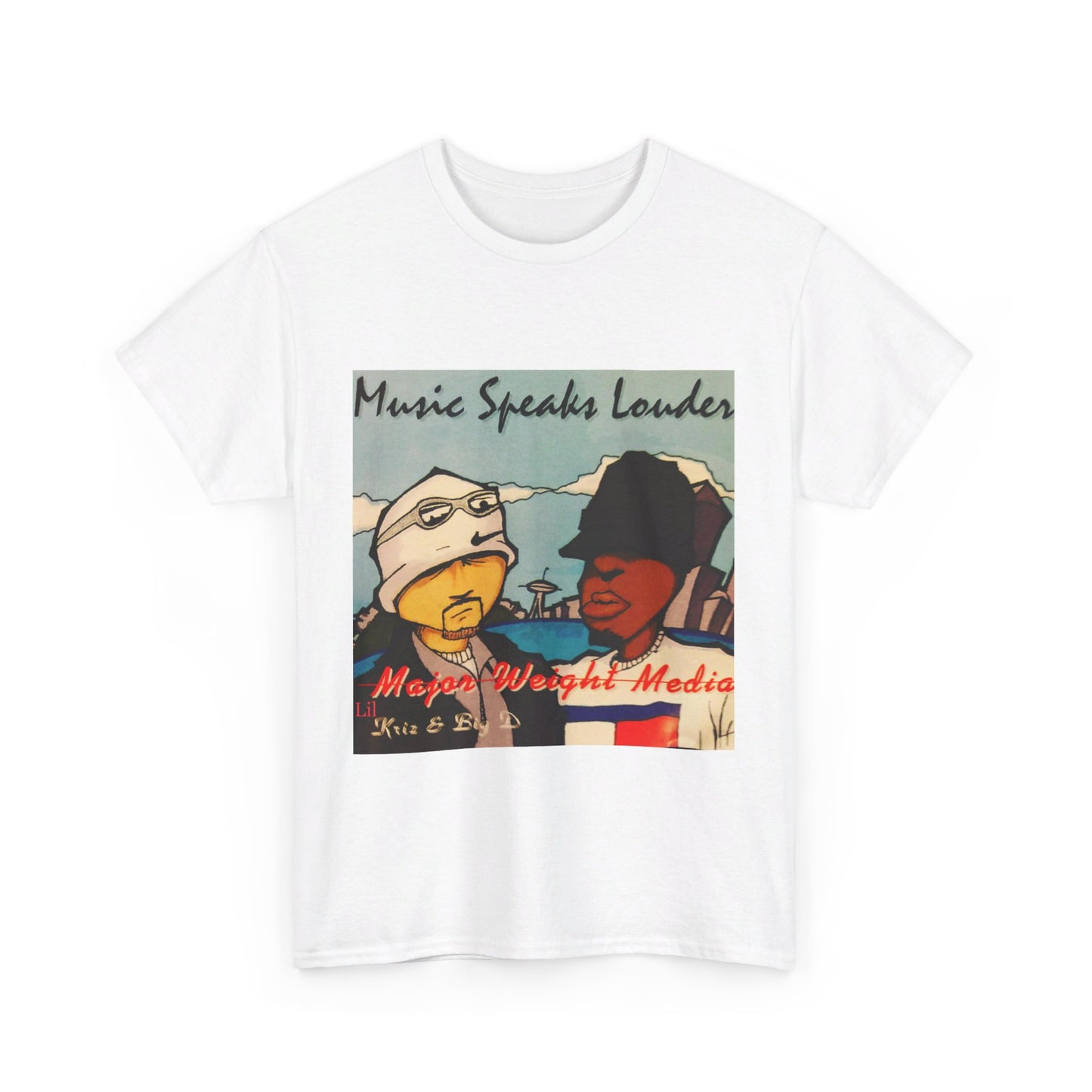 Major weight media Music Speaks Louder 1996 CD cover. Unisex Heavy Cotton Tee