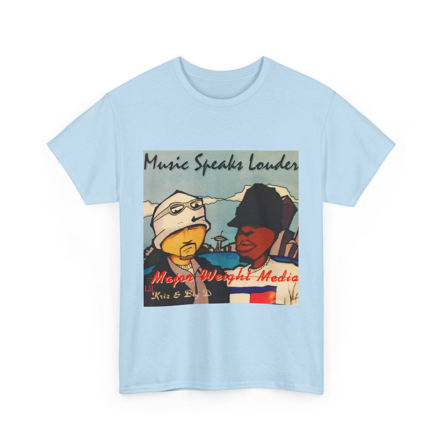 Major weight media Music Speaks Louder 1996 CD cover. Unisex Heavy Cotton Tee